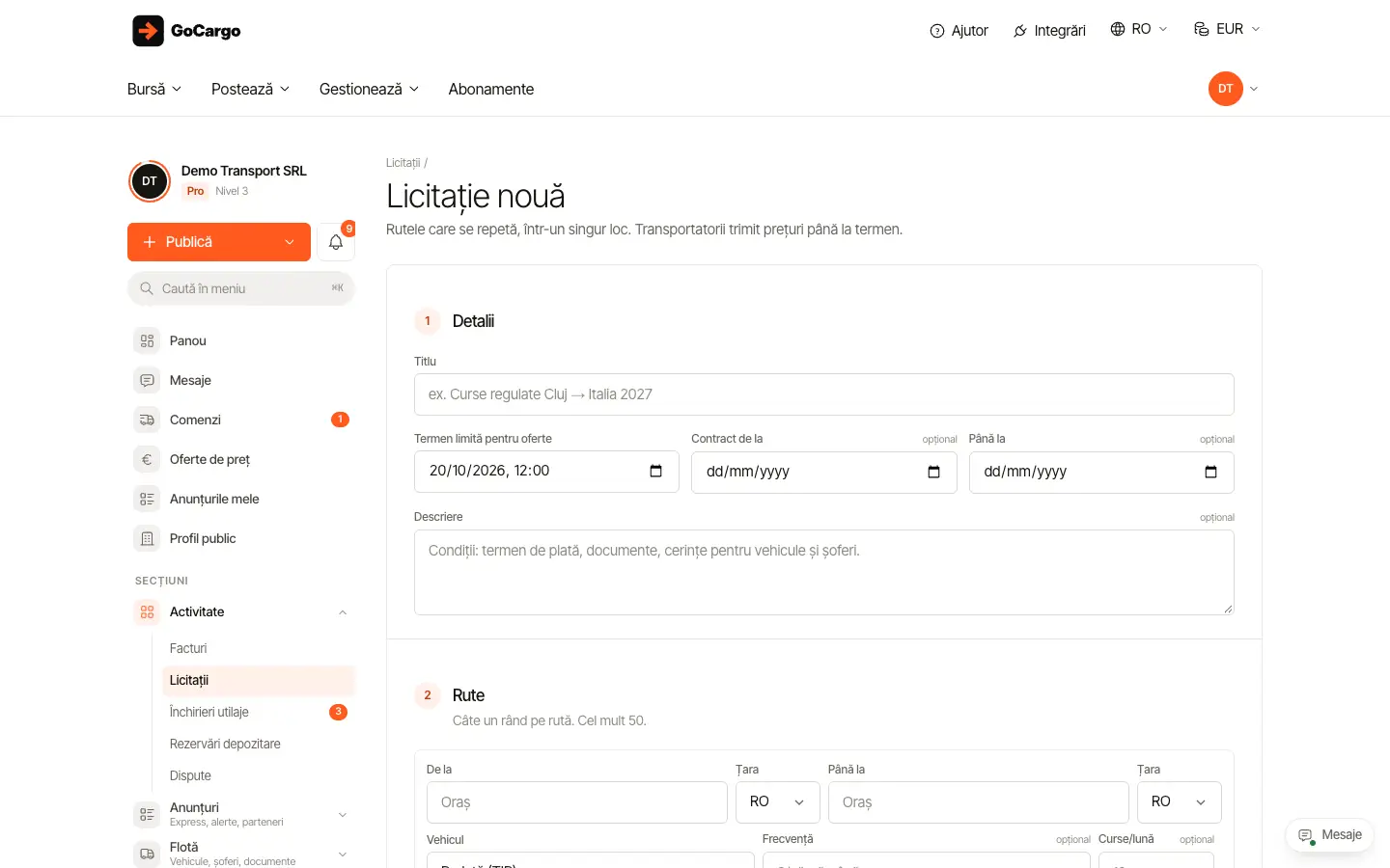 Organizați o licitație pentru curse regulate: Creați licitația