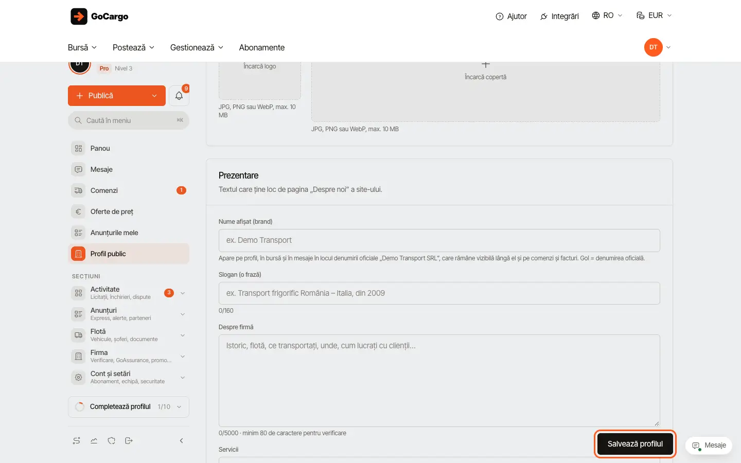 Configurați profilul public al firmei: Contact public